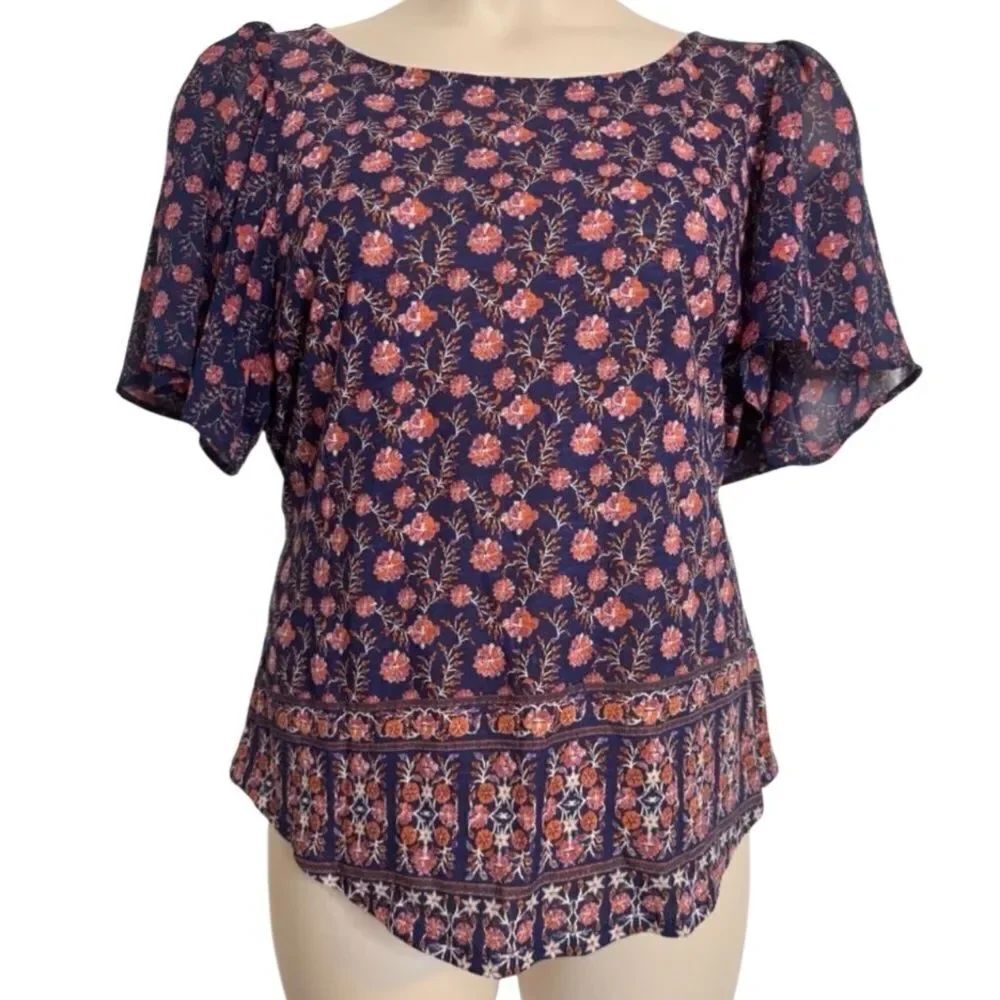 Lucky Brand Boho Top Blouse Floral Short Flutter Sleeve Blouse Size Medium